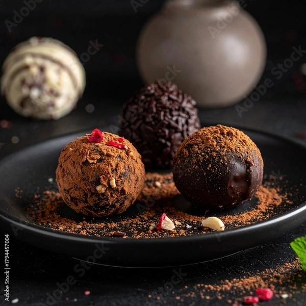 Obraz Artful Display of Dark Chocolate Truffles on a Plate with Cocoa Powder Dusting