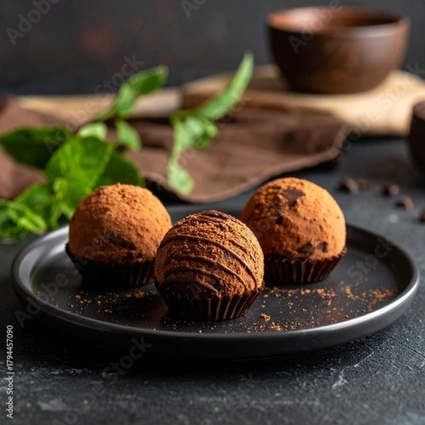 Obraz Dark Chocolate Truffles Dusted with Cocoa Powder Served on a Small Plate