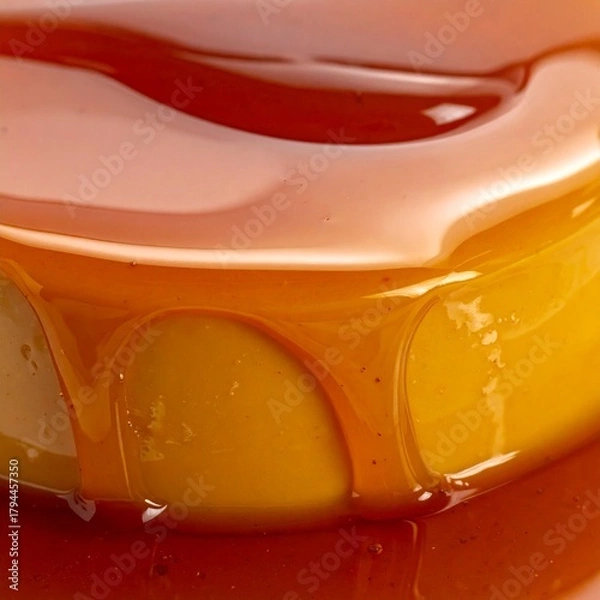 Obraz Rich Golden Caramel Syrup Dripping Down Creating a Smooth Glossy Texture
