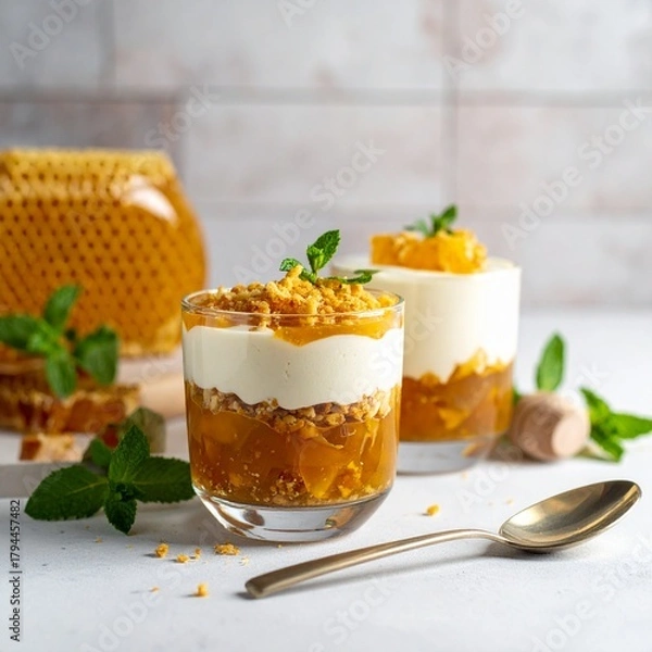 Obraz Mini Cheesecakes Topped with Honeycomb and Mint Served on Small Stand