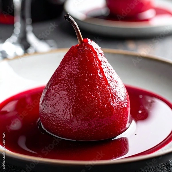 Obraz Artfully Plated Poached Pear in Deep Red Wine Syrup
