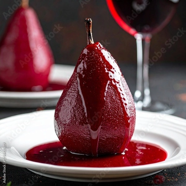 Obraz Elegant Single Poached Pear Served Upright in a Shallow Bowl of Red Wine Syrup