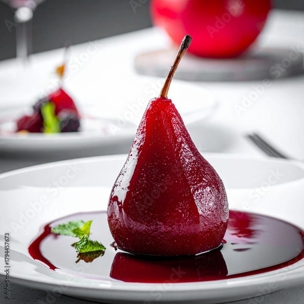 Obraz Beautiful Single Poached Pear in Red Wine Syrup with a Dark Red Sauce Drizzle
