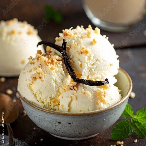 Obraz Delicious Vanilla Ice Cream Scoops Topped with Chocolate Shavings and Vanilla Bean