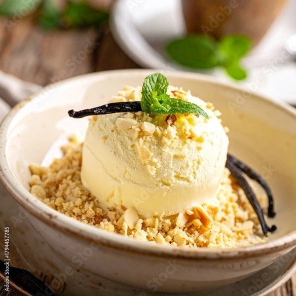 Obraz Vanilla Ice Cream Scoops on Crumbles Served with a Whole Vanilla Bean Pod