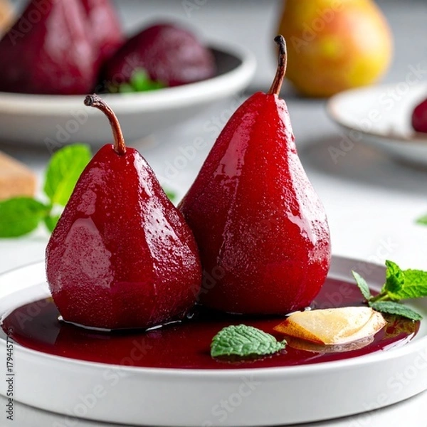 Obraz Two Classic Poached Pears in Red Wine Syrup Served with Sliced Almonds