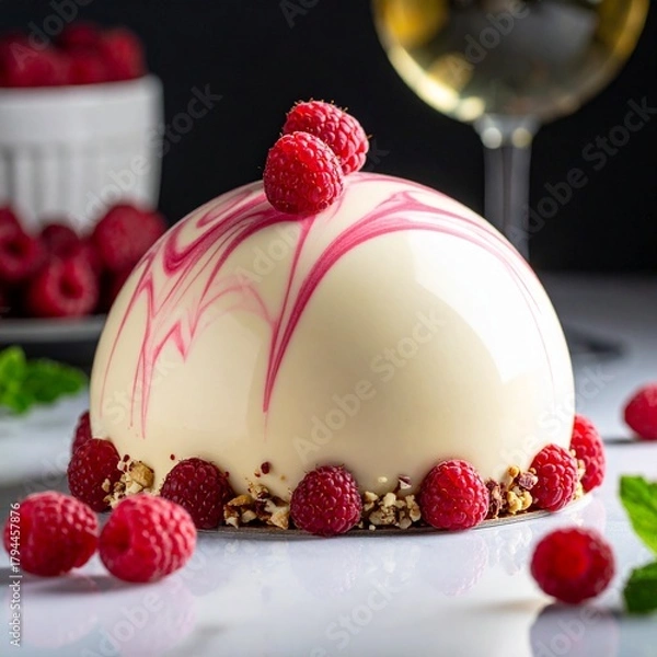 Obraz Delicate White Chocolate Mousse Dome Garnished with Fresh Raspberries and Mint
