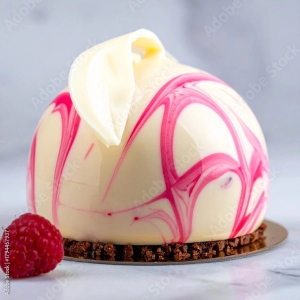Obraz Beautiful White Chocolate Mousse Dome with Pink Raspberry Swirl on a White Plate