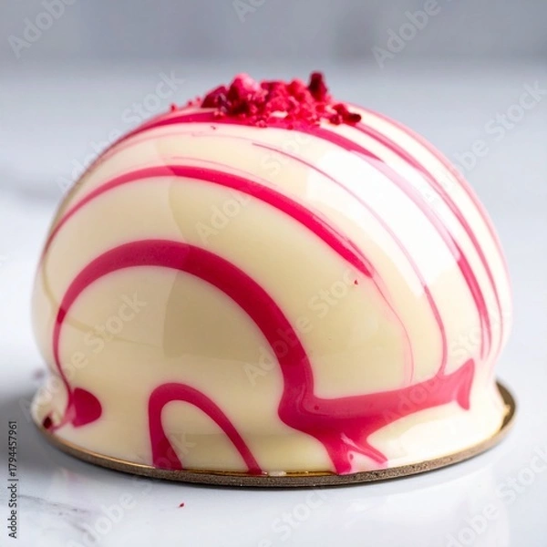 Obraz White Chocolate Mousse Entremet with Vibrant Pink Raspberry Swirl Glaze Decoration