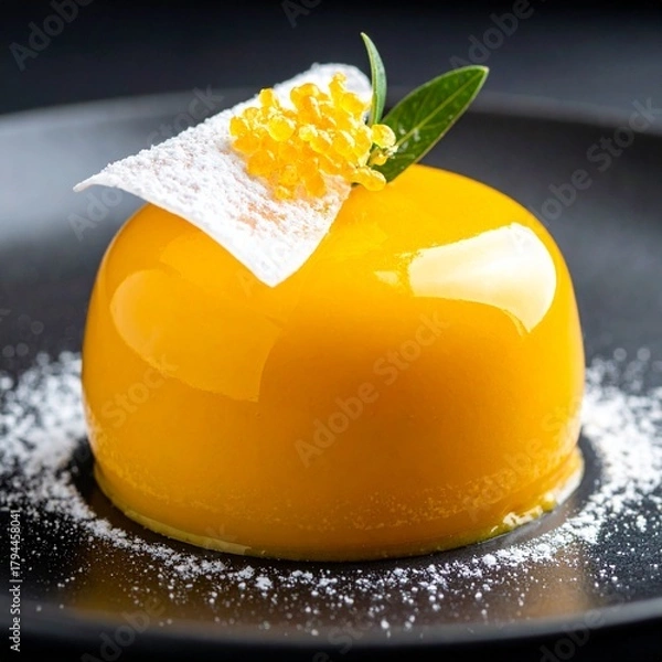 Obraz Mirror Glazed Mango Mousse Entremet Decorated with a Thin Candied Orange Slice
