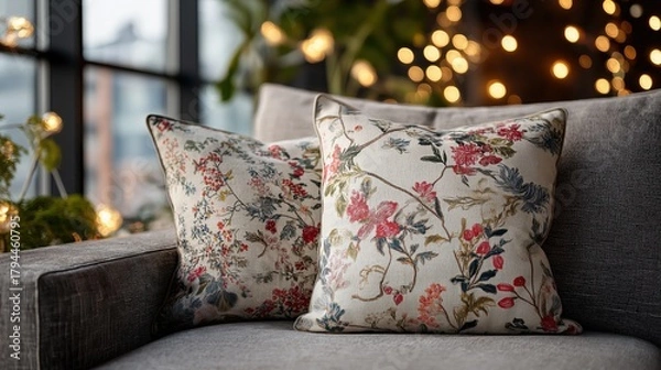 Fototapeta Floral decorative pillows on cozy sofa creating comfortable and stylish home interior desig