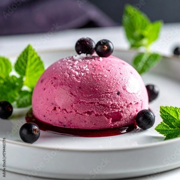 Obraz Another View of Pink Berry Sorbet with Blueberries and Mint on a White Plate