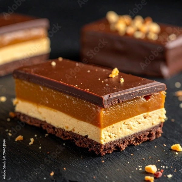 Obraz Minimalist Arrangement of Chocolate Caramel Layered Dessert Bars on a Dark Surface