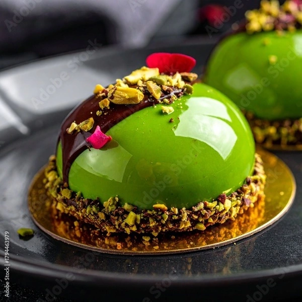 Obraz Detailed Close-up of Pistachio Entremet with Green Mirror Glaze and Sprinkles