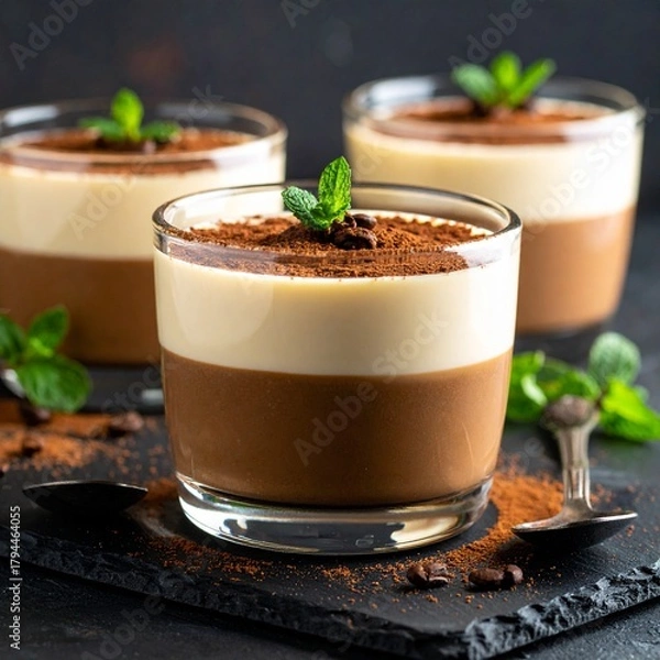 Obraz Simple Presentation of Two Coffee Mousse Desserts in Small Glasses on a Dark Table