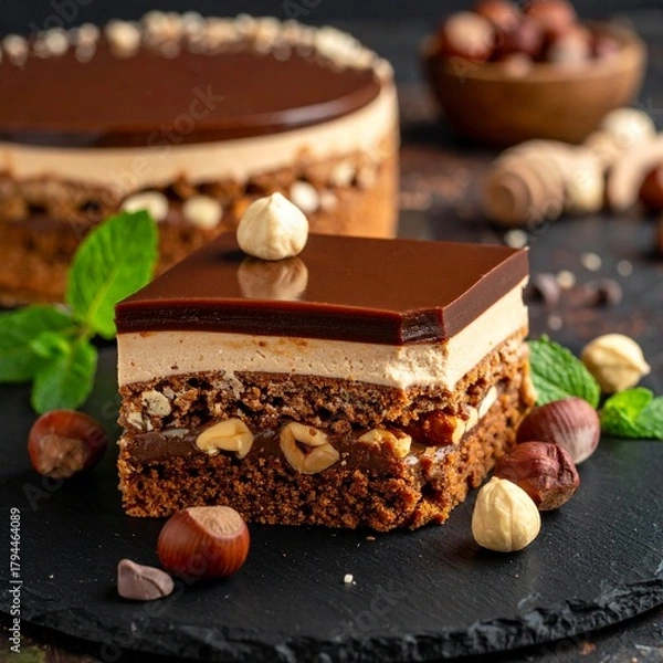 Obraz Round Chocolate Hazelnut Cake with Ganache Glaze and Whole Roasted Hazelnuts