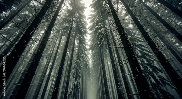 Fototapeta A winter Christmas landscape. A view from below of tall, snow-covered fir trees reaching skyward. A quiet and majestic winter forest with a serene atmosphere.
