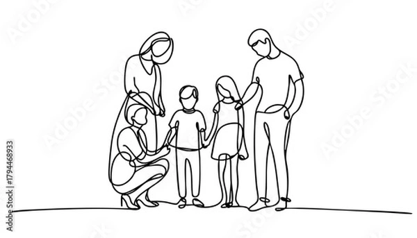 Fototapeta Single line drawing in modern minimalist style of family support and unity for World Cancer Day on white background with copy space