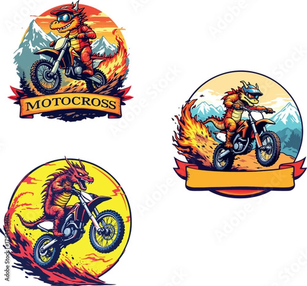 Fototapeta Vsai dragon characters riding motocross motorcycles with flames