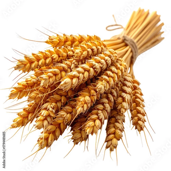 Fototapeta Bundle of golden wheat stalks tied with string against a dark background