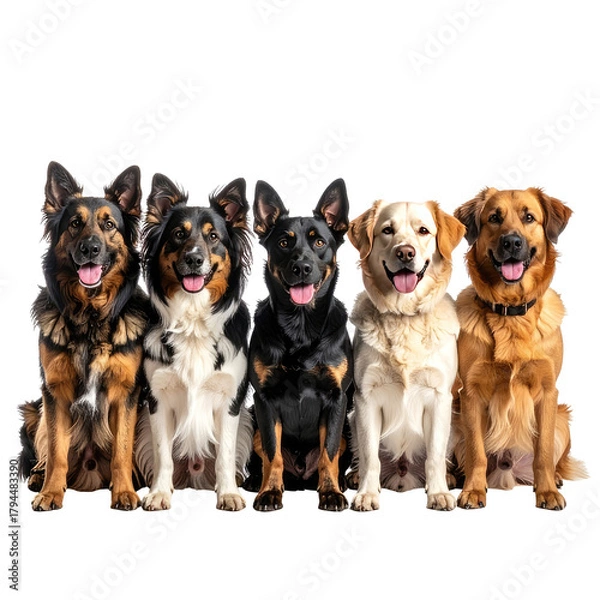 Fototapeta Five dogs sitting in a row, smiling and panting in front of a black background