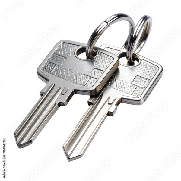Fototapeta Two silver keys linked together, shiny metal finish, dark background