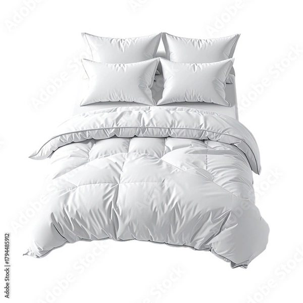 Fototapeta Cozy white bedding pillows, comforter, blanket, and sheets on bed
