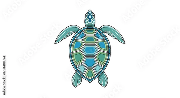 Fototapeta Stylized top-down illustration of a sea turtle with a blue and green geometric patterned shell on a white background.
