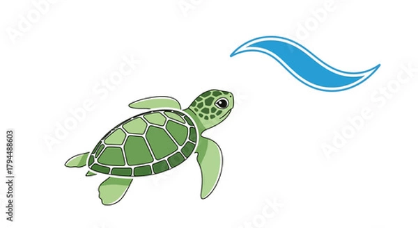 Fototapeta A cute green sea turtle swims gracefully through clear blue water with a stylized wave above it.