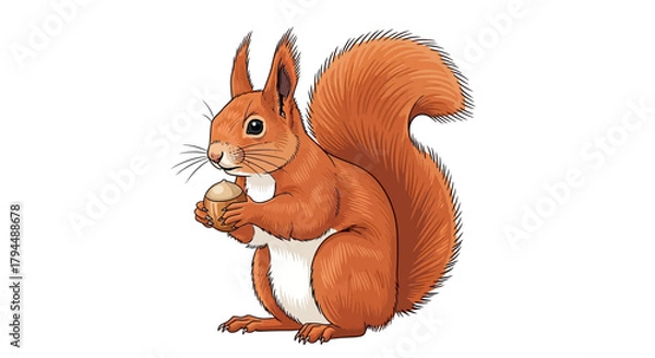 Fototapeta A detailed illustration of a red squirrel holding a nut, showcasing its fur and features.