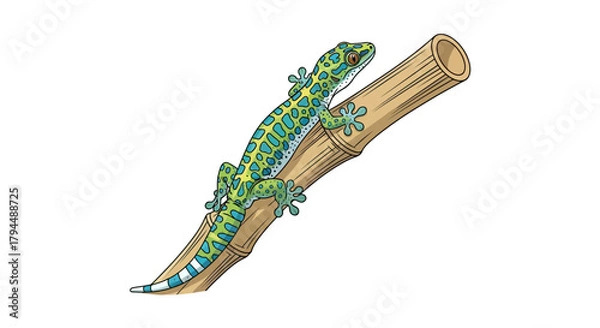 Fototapeta A vibrant green and blue speckled gecko clings to a bamboo stalk, showcasing its intricate patterns and textured skin.