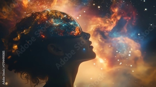 Fototapeta A cosmic journey through the mind. Explore the beauty of the universe within as a woman contemplates the stars.