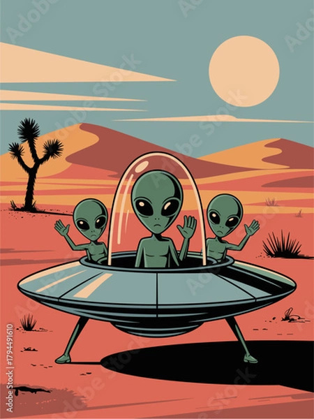 Fototapeta Retro futuristic vector poster of three green aliens in a flying saucer over a desert with orange dunes, Joshua tree, and turquoise sky, 1950s sci-fi style illustration