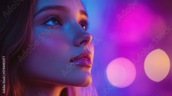 Fototapeta A young woman gazes upward, her face illuminated by vibrant lights, showcasing beauty and emotion under colorful hues.