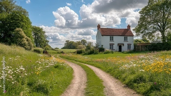 Fototapeta Charming countryside house with a dirt road and blue sky in the background surrounded by green fields and flowers