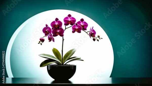 Fototapeta Contemporary still life of a potted orchid with glowing magenta blooms against a teal gradient backdrop. Studio lighting highlights botanical precision and serene minimalism.