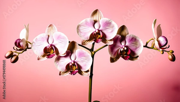 Fototapeta Elegant orchid branch with blossoms and buds in macro. Soft focus highlights delicate petals and vibrant color. Studio lighting enhances luxurious, minimalist botanical illustration aesthetic.
