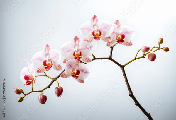 Fototapeta Phalaenopsis orchid branch with white-pink blooms and magenta centers, studio-lit against gradient background. Buds hint at future blooms. High-key lighting highlights velvety petals and organic form.