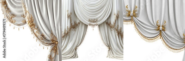 Obraz Set of Luxurious white fabric curtain with gold trimmed edges and decorative folds on transparent png background. Ai generated