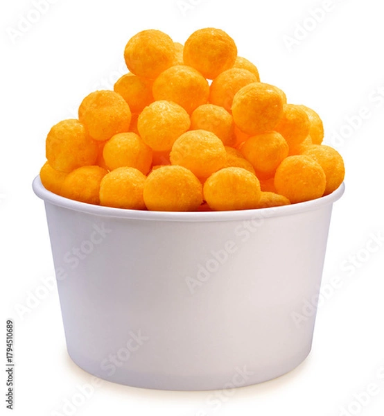 Fototapeta Puffed Cheese ball in paper bucket on white background, Cheese ball or cheesy puffs isolate on white With clipping path.
