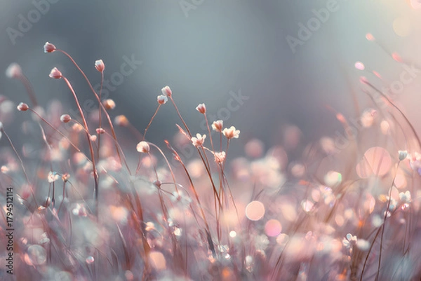 Fototapeta ethereal pastel meadow with glowing blur and soft floating light creating a romantic dreamy atmospheric tone