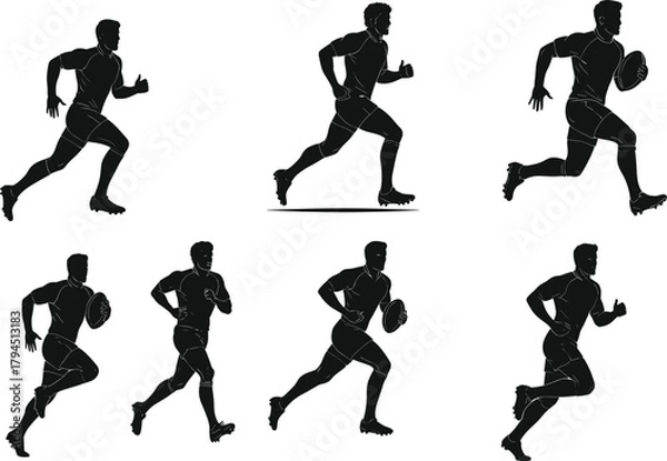 Fototapeta Football player running with ball, athlete silhouettes, sports action, dynamic motion, strength flat vector illustration