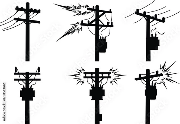 Fototapeta Flat vector illustration of utility poles with sparks, broken wires, transformers, electrical hazards, urban power infrastructure