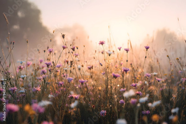 Fototapeta flower meadow glowing in warm sunrise light with soft mist and gentle rays creating a calm cinematic spring atmosphere