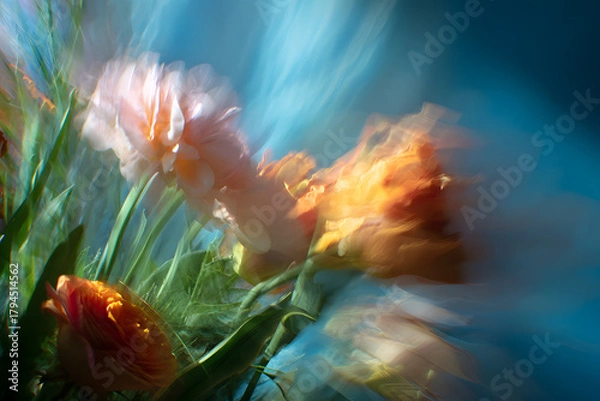 Fototapeta flowers moving softly in the breeze with natural motion blur and a bright open space in the middle