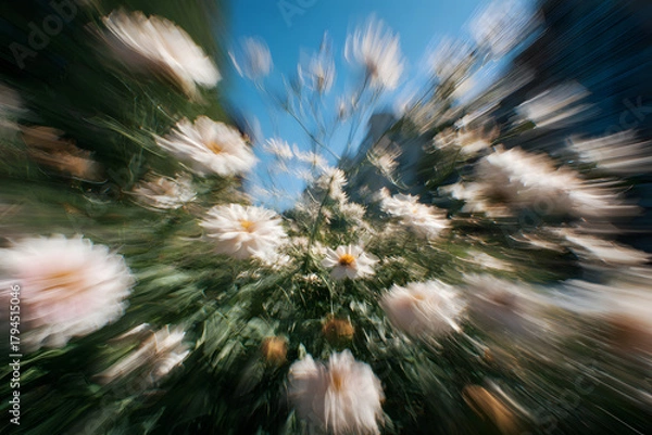 Fototapeta flowers moving softly in the breeze with natural motion blur and a bright open space in the middle
