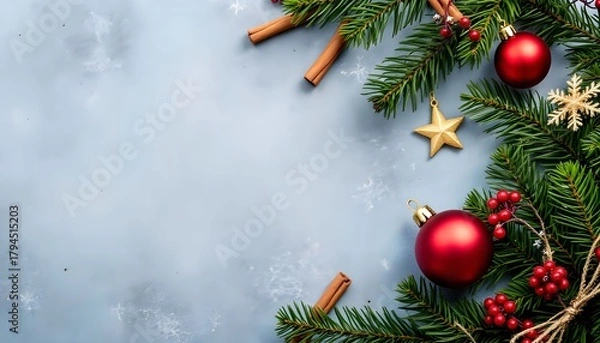 Fototapeta Beautiful arrangement of Christmas decorations with red ornaments, cinnamon sticks, and greenery on a light blue background during the festive season Generative AI