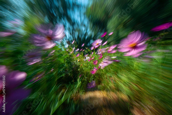 Fototapeta flowers moving softly in the breeze with natural motion blur and a bright open space in the middle