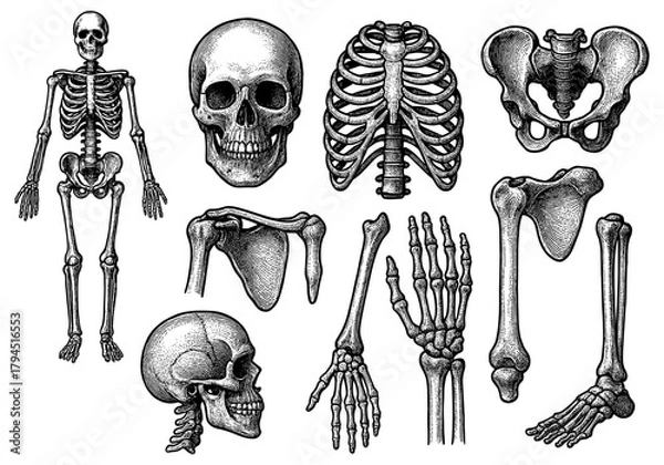 Obraz Detailed engraving anatomy of human skeleton and bones