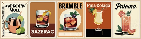 Fototapeta Vintage cocktail poster series of Moscow Mule, Sazerac, Bramble, Piña Colada, and Paloma in retro Art Deco style, bold typography, clean lines, and colorful illustrations
